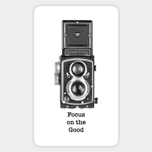 Vintage 1950s Twin Lens Camera Side View - Focus Black Text Sticker